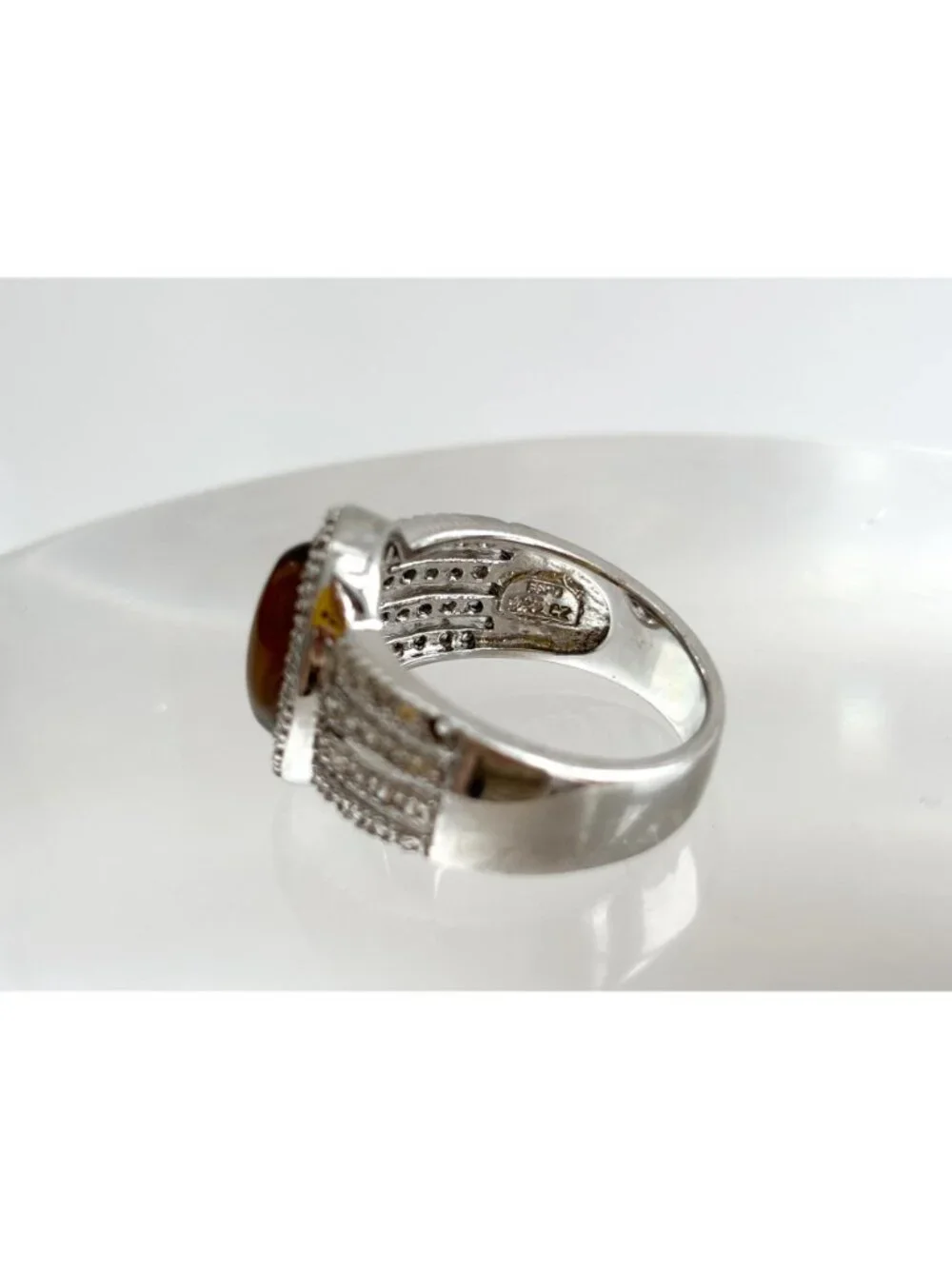Genuine Tiger's Eye Gemstone Open Shank Sterling Silver 925 Vintage Ring - sz 8